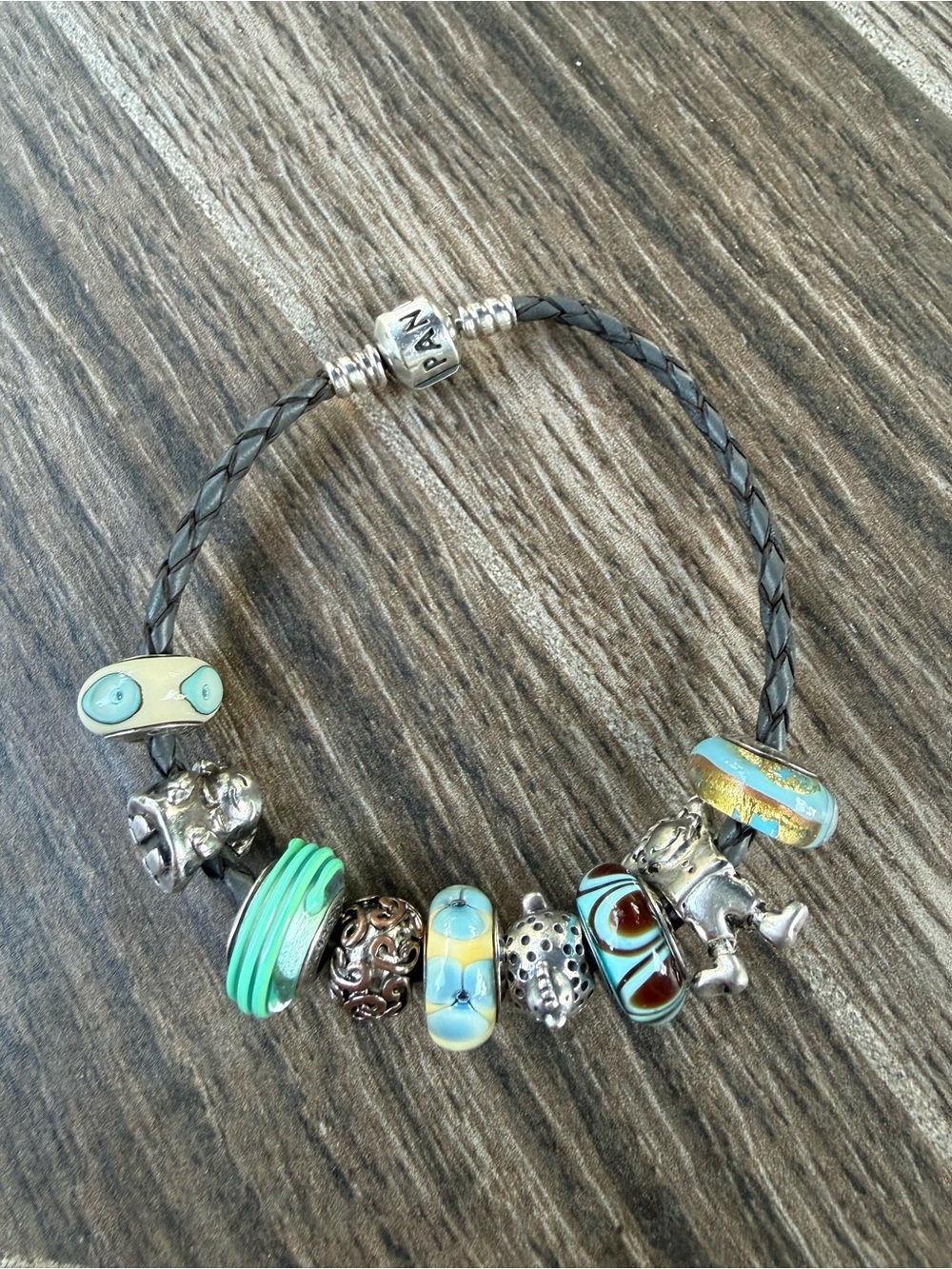 Pandora Gray Leather Bracelet with Turquoise Glass, Boy, Girl, Hen Charms Beads